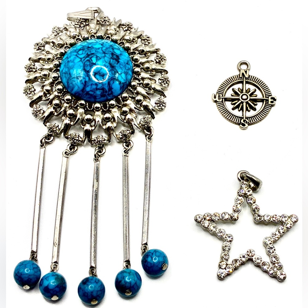 3 Vintage Pendants Ornate Faux Turquoise, Rhinestone Star & a Compass Rose